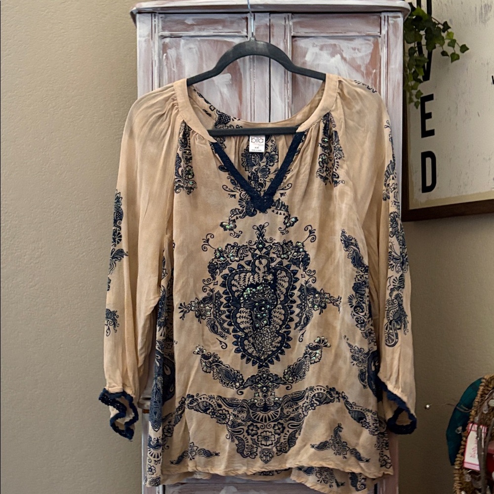 Bila Beige Peasant Blouse with Navy Embroidery